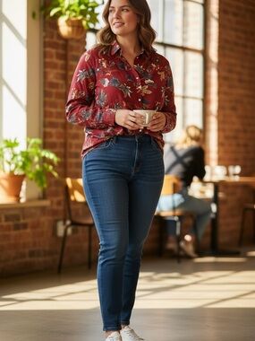 intro. Red Floral Button-Up Blouse